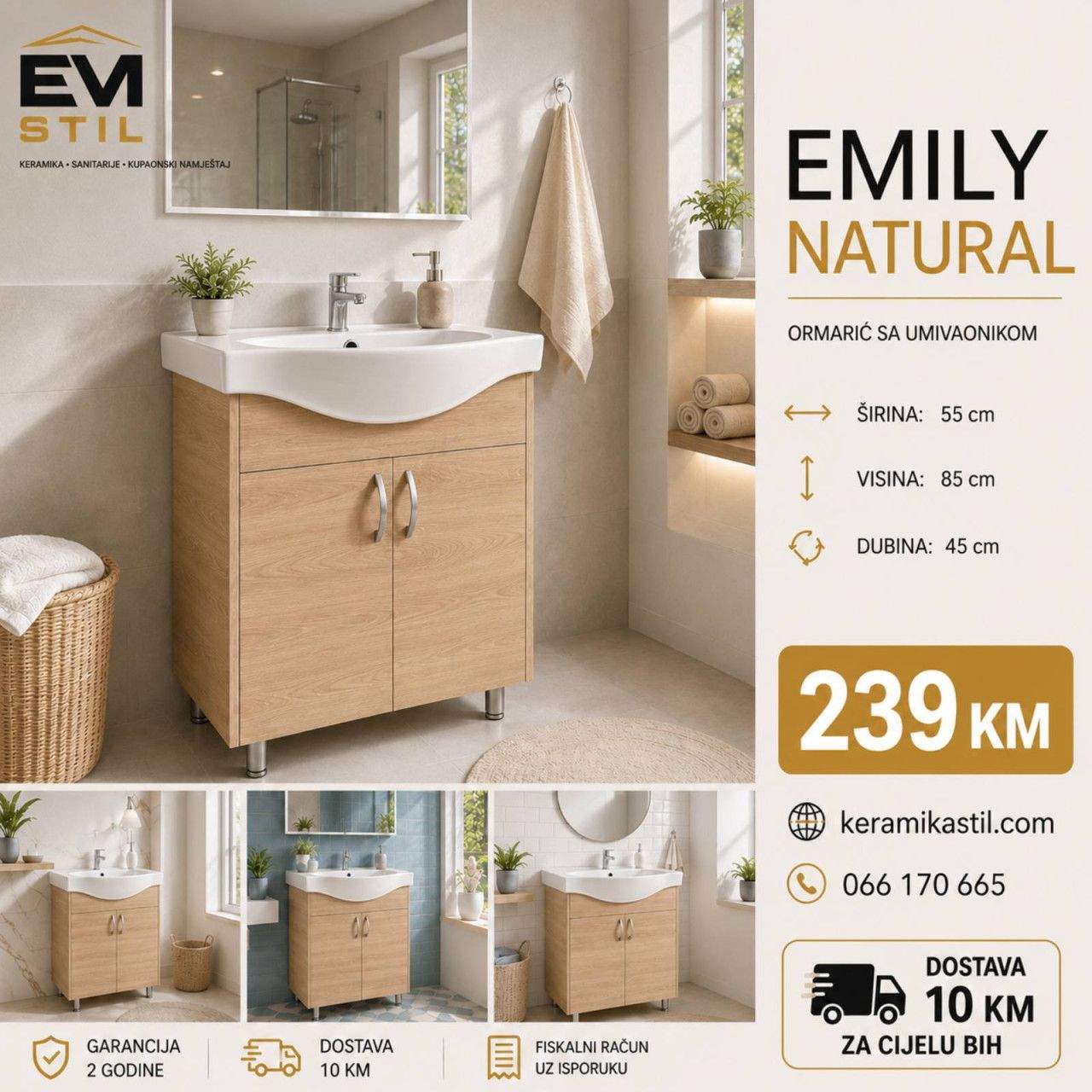 Kupatilski ormarić sa umivaonikom 55x85x45 lavabo Emily Natural