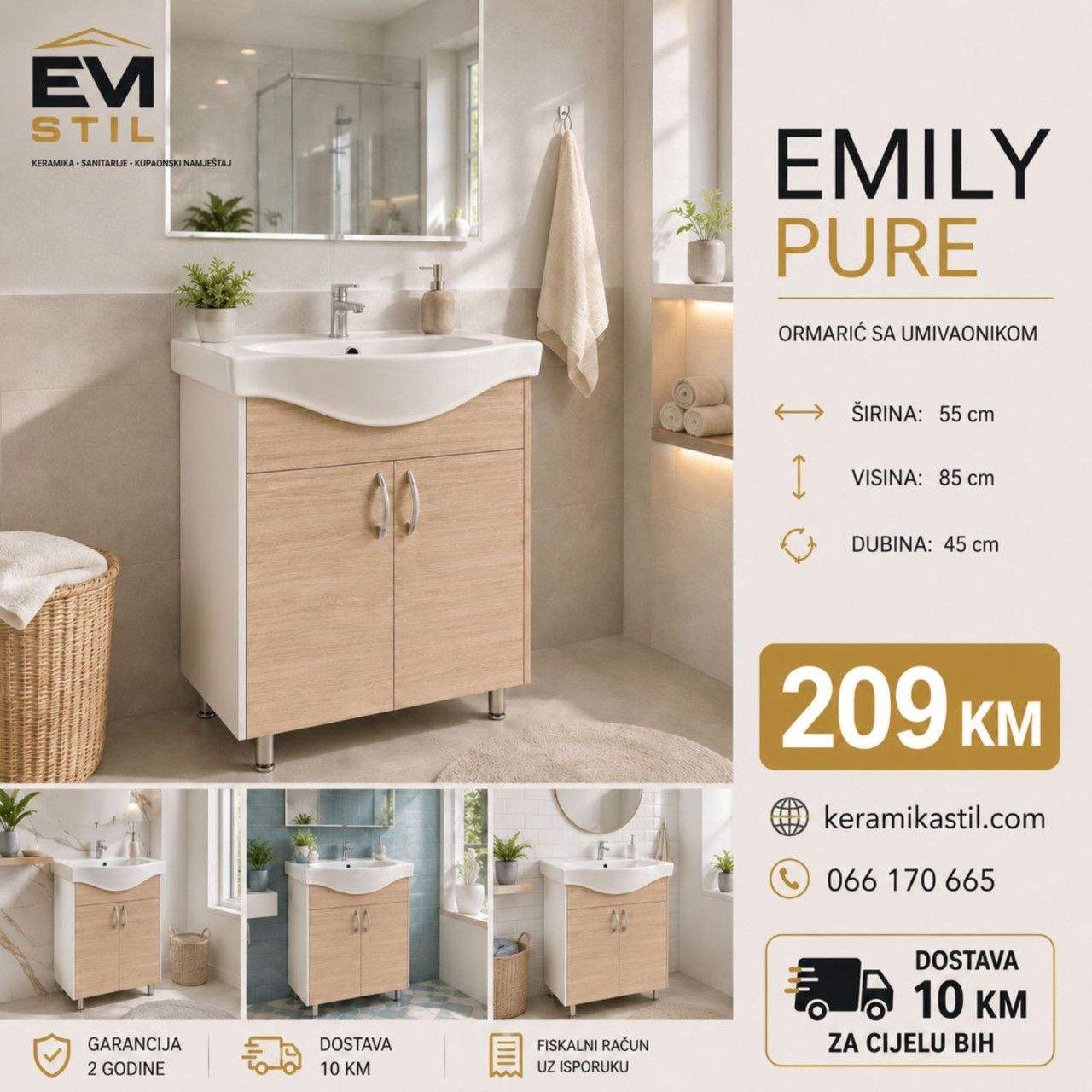 Kupatilski ormarić sa umivaonikom lavabo  55x85x45 Emily Natural