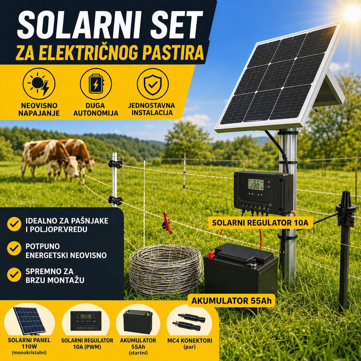 Solarni Set za Električni Pastir (110W / 55Ah) solarno napajanje