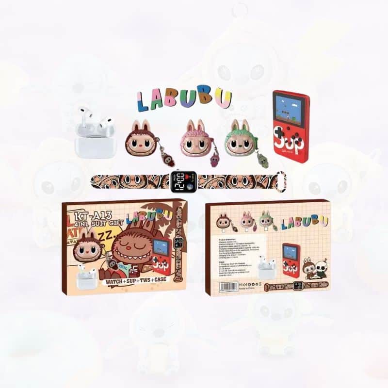 Labubu poklon paket 4U1 KT-A13 SAT+SUP+TWS+FUTROLA smeđi