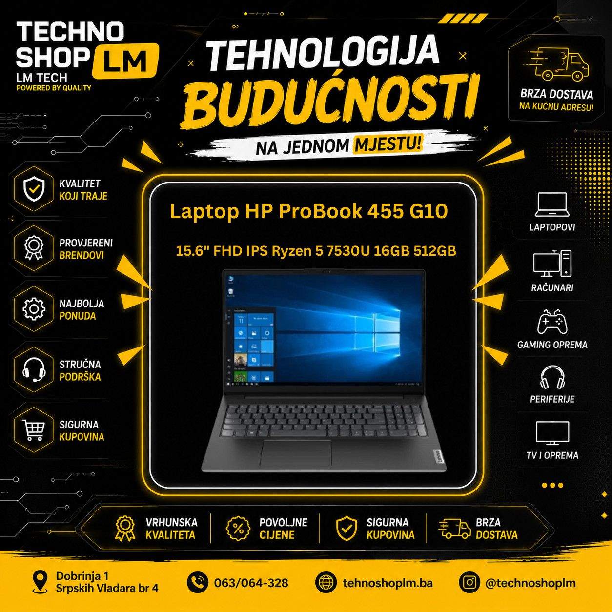 Laptop HP ProBook 455 G10 15.6" FHD IPS Ryzen 5 7530U 16GB 512GB