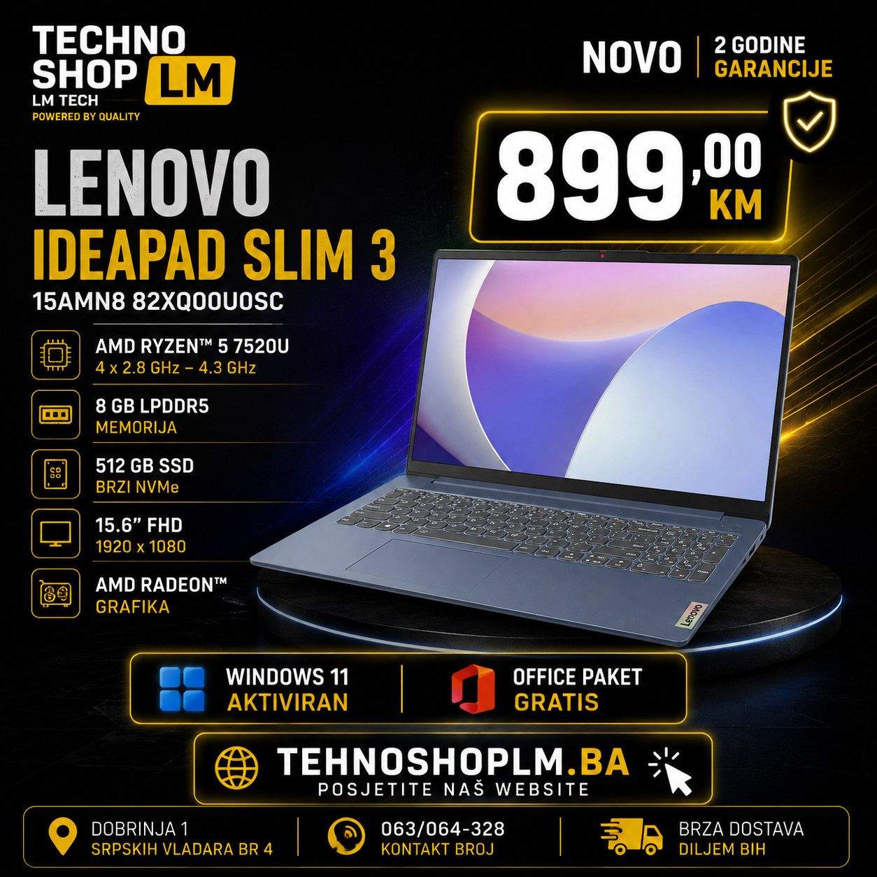 Lenovo IdeaPad Slim 3 15AMN8 Ryzen 5 7520U 8GB 512GB