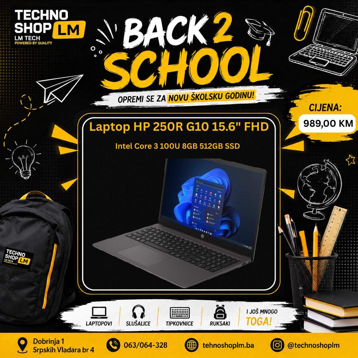 Laptop HP 250R G10 15.6" FHD Intel Core 3 100U 8GB 512GB SSD