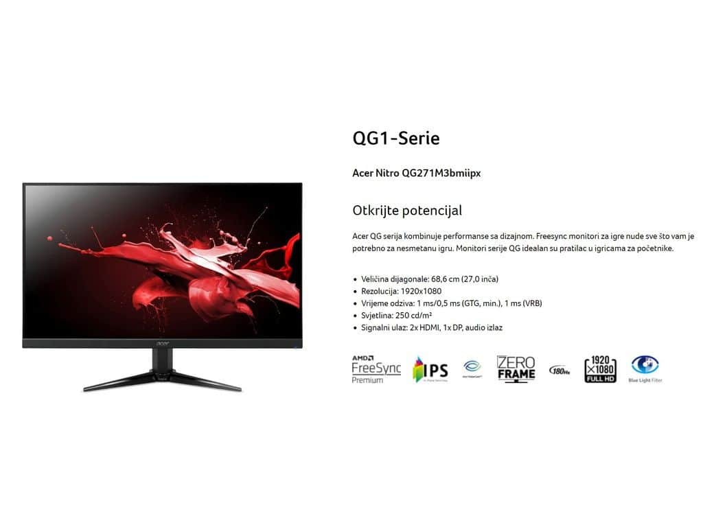 Acer 27" Nitro QG1 FHD 180HzFHD,IPS,250cd,1ms,HDMIx2,DP,SPK+Audio