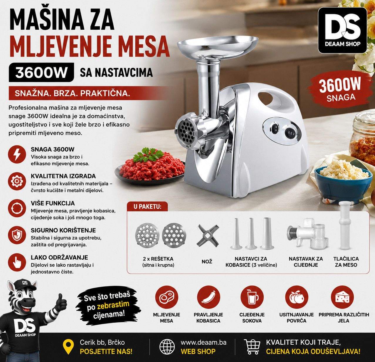 Masina za mljevenje mesa 3600W sa nastavcima