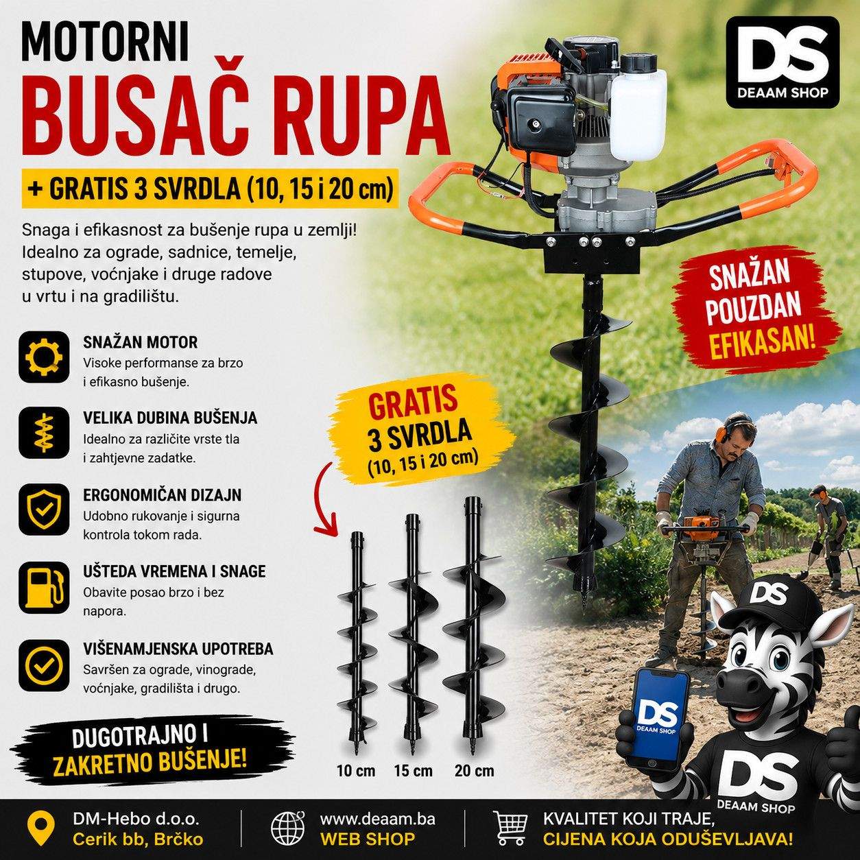 MOTORNI BUŠAČ RUPA + GRATIS 3 SVRDLA (10, 15 i 20 cm)