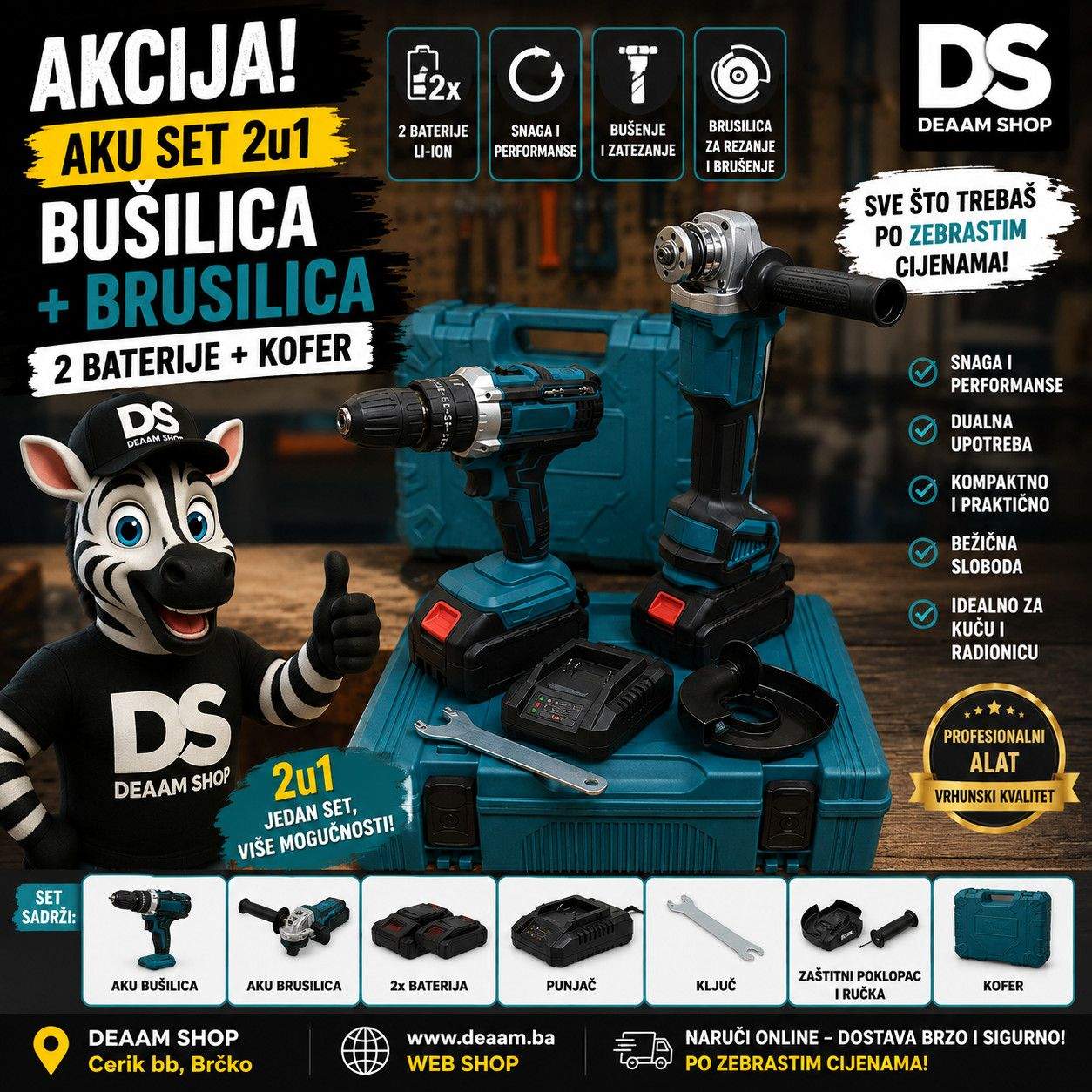 AKCIJA Aku Set 2u1 Busilica Brusilica 2 Baterije Kofer