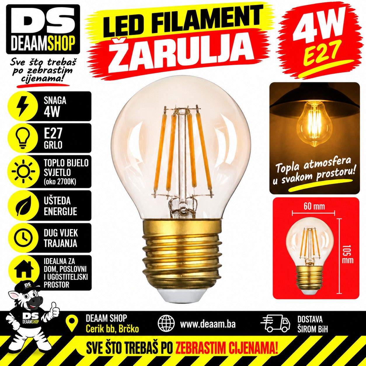 LED FILAMENT ŽARULJA E27 4W