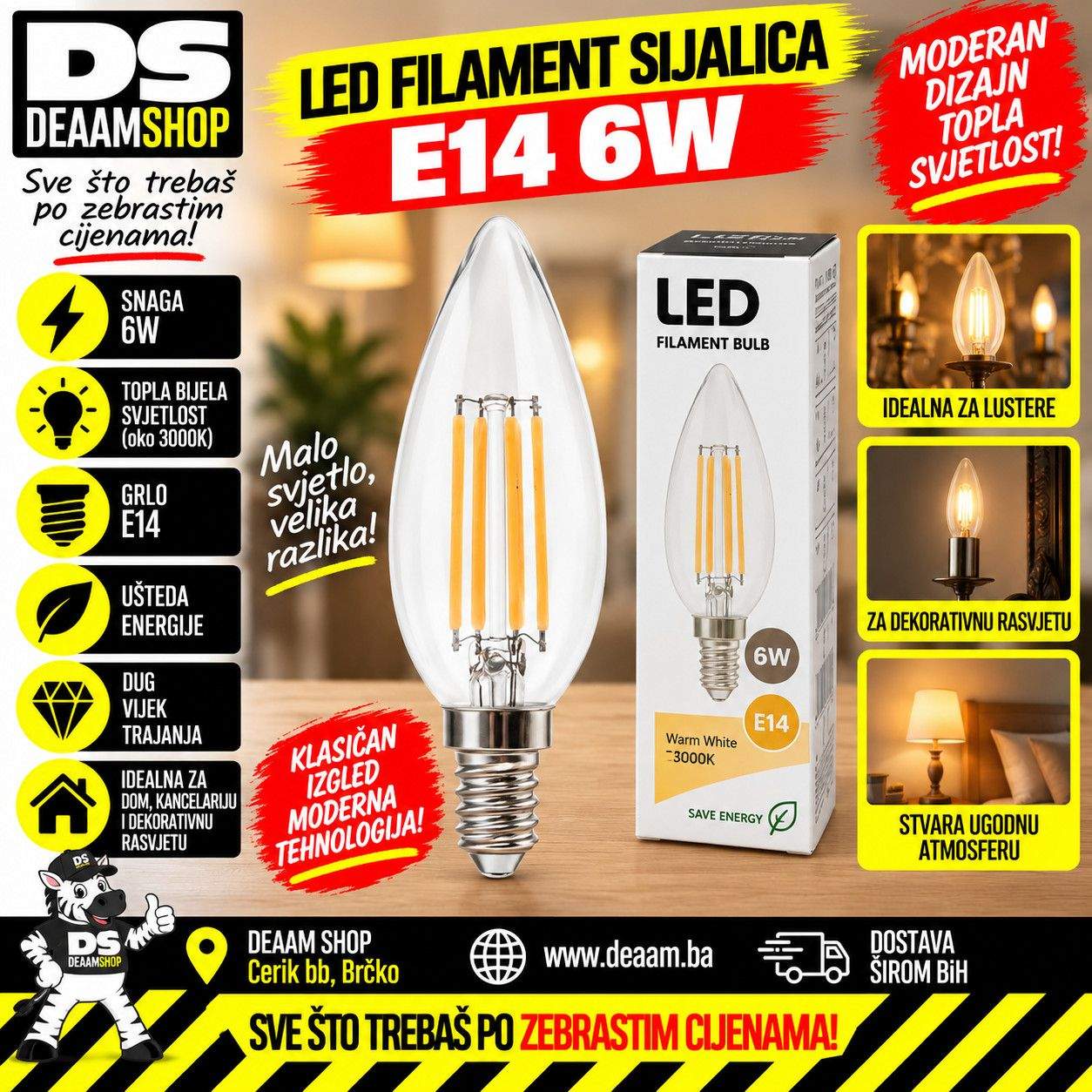 LED FILAMENT SIJALICA ŽARULJA E14 6W