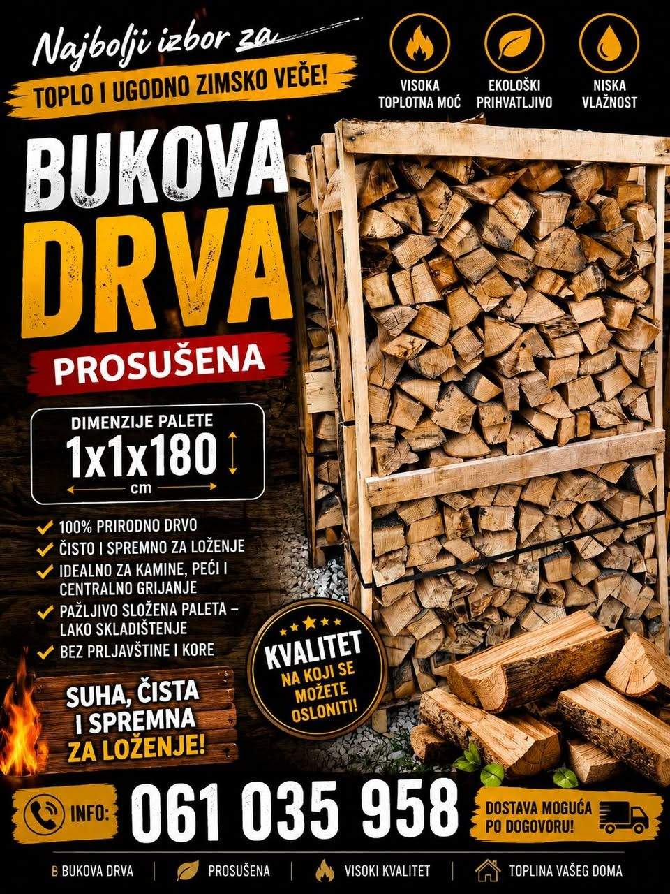 Bukova cijepana drva, prirodno prosušena, paleta 1 × 1 × 1,80 m