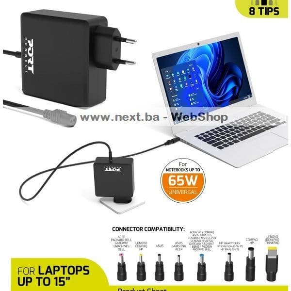 Adapter Punjač za laptope univerzalni Type C 65W 8 nastavaka — slika 1 od 3