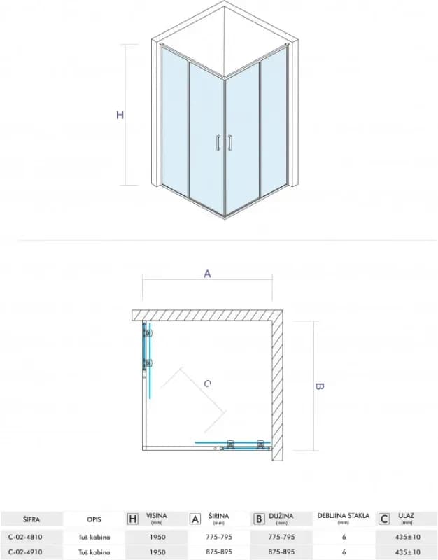 Tuš kabina kvadratna 80x80x195 6mm ATLAS C-02-43K800 I — slika 3 od 3