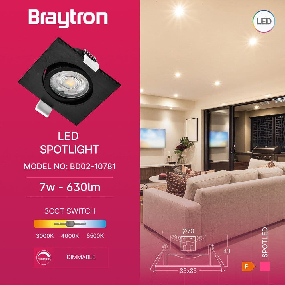Led spot ugradni 7w kockasti crni 3U1 Braytron — slika 3 od 7