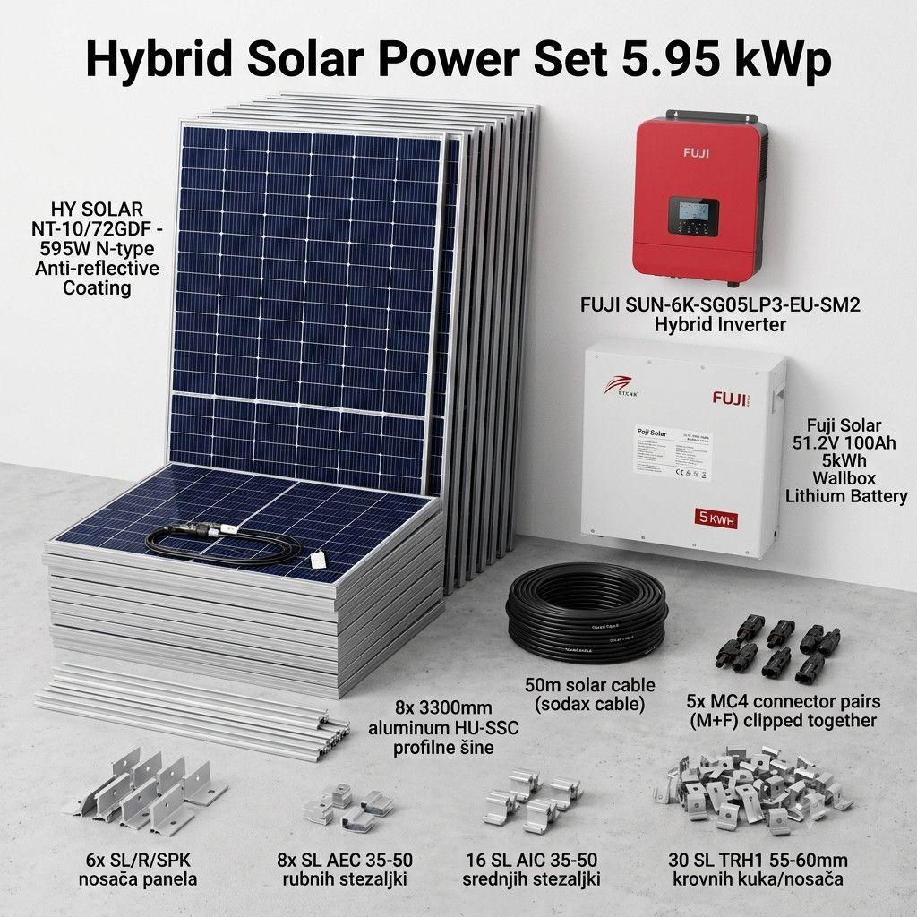 Hibridni Solarni Set FUJI 5.95 kWp s Litijumskom Baterijom 5 kWh — slika 1 od 1