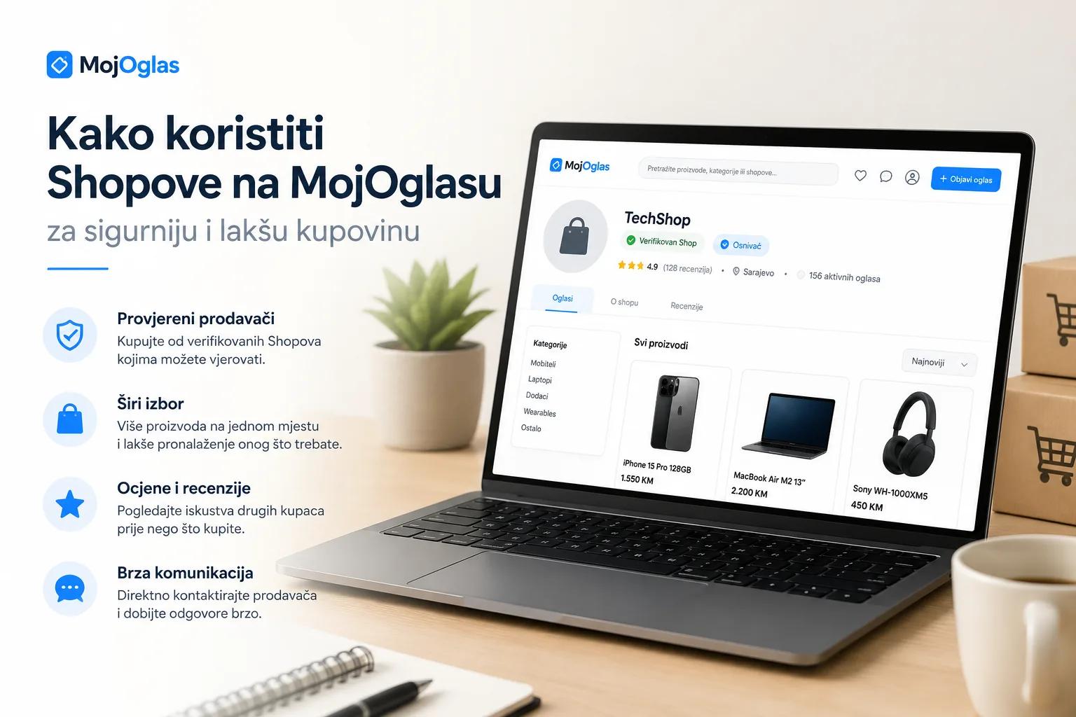 Kupac pregleda ponudu MojOglas Shopa na telefonu tokom online kupovine u Bosni i Hercegovini.